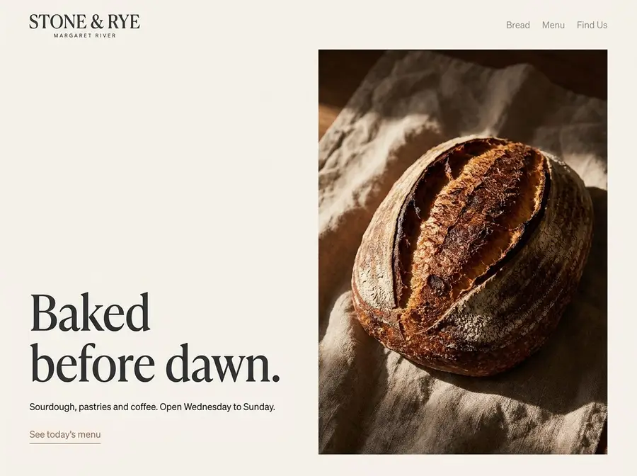 Sample site for a regional bakery: an editorial magazine layout with a serif headline beside a close photograph of a sourdough loaf.