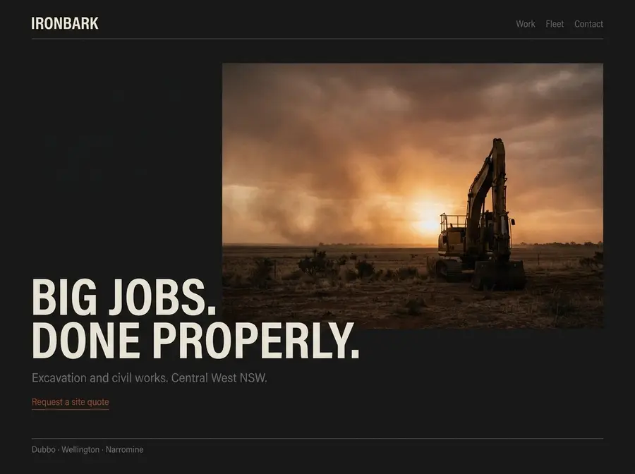 Sample site for an earthmoving contractor: a dark editorial layout with a large headline set against a cinematic photograph of an excavator at sunset.